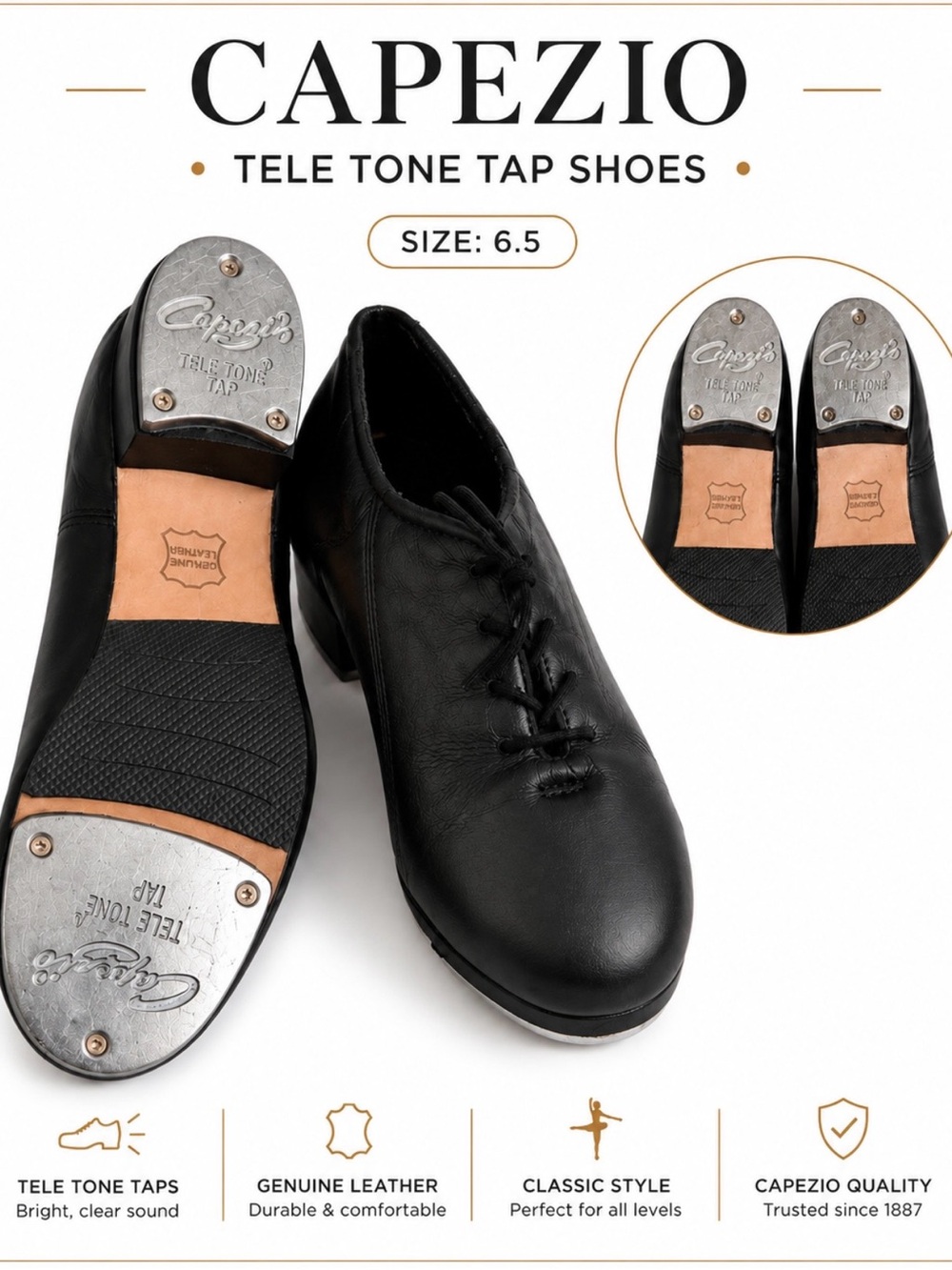 Capezio Tele Tone Leather Tap Dance Shoes Black Size 6.5